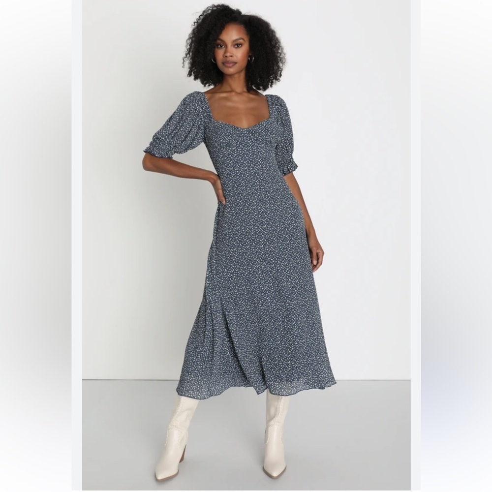 Lulus Perfect Aura Blue Floral Print Plisse Tie-Back Midi Dress